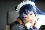 asian blue_hair breasts cosplay eyeshadow female long_hair maid makeup solo