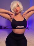 1girl aluctoria armpits cosplay highres nier:_automata nier_(series) short_hair solo sports_bra white_hair yorha_2b