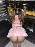 1girl anus ass balcony bent_over big_ass bottomless brown_hair brunette bubblebratz city female female_focus female_only female_solo long_hair outside pawg presenting_ass public skirt solo tattoo thick twintails