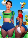 2boys ass big_ass blonde_hair bulge clothed cosplay dark_hair dat_ass fake_nails femboy feminine fingerless_gloves flat_chest looking_at viewer luigi male male_focus male_only mario midriff nintendo non-nude onlyfans pawbcayden playboyzach presenting_ass short_hair stockings super_mario bros. tattoo thick thighhighs tongue watermark white