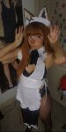 animal_ears armpits arms_up boob_window cosplay fox_girl latina maid_uniform muscular_thighs small_breasts tan_skin thighs