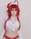 1girl abi_aikou blue_eyes cosplay cosplay_photo cropped_shirt female female_focus female_only high_school dxd long_hair looking_at viewer panties photo photo_(medium) red_hair red_panties rias_gremory rias_gremory (cosplay) solo white_shirt