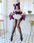1girl asian cleavage cosplay dress_lift female fishnets genshin_impact high_heels maid maid_uniform mona_(genshin_impact) pantyhose