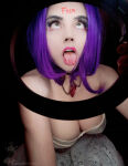 1boy ahegao bra breasts cleavage cosplay darkwaifutrap dc dc_comics femboy lipstick long_hair makeup male male_focus male_only necklace purple_hair raven raven_(dc)_(cosplay) solo text tongue tongue_out transgender trap watermark wide-eyed