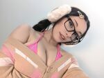 1girl bare_shoulders bikini_top black_hair buttons cleavage earmuffs glasses gumbun hairpin large_breasts pink_bikini selfie sourced sweater sweater_down