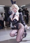 asian blonde_hair bunny_girl cleavage cosplay fishnets goddess_of victory: nikke high_heels large_breasts leotard pantyhose