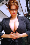 1girl business_suit business_woman center_opening chloe_vevrier cleavage clothed clothed_female earrings female female_only glasses lipstick necklace no_bra solo suit