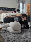 1girl ass bed bedroom big_ass brown_hair brunette desi fake_nails feet female female_focus female_only female_solo floor indian lying_on side ms.sethii on_floor pants phone presenting_ass selfie solo sweater text thick watermark yoga_pants