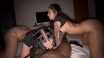 2girls 2girls1boy animated ass_up auhneesh_nicole bbc bed bedroom bent_over black_hair blowjob braid braided_hair braided_twintails braids brunette dark_room deepthroat facing_away fellatio gif interracial male_pov oral penis ponytail pov tan_skin taped_nipples tattoo tattoo_on back taysha_sativa twerking wavy_hair
