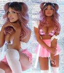 1girl big_breasts bra breasts celebrity cleavage fake_nails female female_focus female_only female_solo leggings lipstick long_hair looking_at viewer makeup mature milf pink_hair skirt smile smiling solo squatting standing trish_stratus twintails wwe wwe_diva