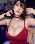 cleavage dress huge_breasts latina mumusiraneitor red_dress short_hair