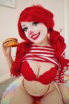 1girl bra breasts cleavage clown clown_girl cosplay female female_only looking_at_viewer medium_breasts red_bra red_hair rynkerbelle smile solo twintails wig