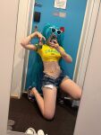 1girl blue_hair brazilian_miku brazilian_miku_(cosplay) cellphone cosplay full_body hair_ornament hatsune_miku highres jeans_shorts long_hair panties phone real_life selfie short_hair solo underwear very_long_hair