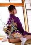 1girl asian asian_female ass breasts brown_hair clothed clothes_lift female female_only japanese japanese_female jav kimono large_breasts long_hair nude sato_haruki socks solo straight_hair tatami_mat tied_hair