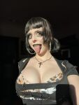 1girl 6ar6ie6 big_breasts black_hair bra braces breasts cleavage female female_focus female_only female_solo goth lipstick long_hair looking_at viewer makeup necklace selfie shadow solo tongue tongue_out