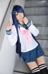 asian blue_hair breasts cosplay danganronpa female long_hair sayaka_maizono skirt solo thighhighs