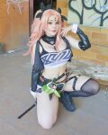 1girl cleavage cosplay kneeling midriff myuumarie nicole_demara outside pink_hair solo spread_legs zenless_zone_zero