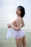 1girl asian asian_female ass black_hair bottomless breasts clothed female female_only in_water japanese japanese_female jav large_breasts nipples nude open_shirt photo sannomiya_tsubaki sea shirt short_hair sideboob solo straight_hair water wet wet_body wet_clothes wet_hair wet_shirt