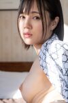 1girl asian asian_female black_hair bob_cut breasts breasts_out clothed female female_only japanese japanese_female jav medium_breasts nipples open_clothes short_hair sideboob solo straight_hair suzumori_remu yukata
