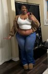 bbw belly_button_piercing big_breasts black_female chubby jeans piercing smile thick_thighs