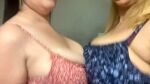 2girls blonde_hair bouncing_breasts breasts brown_hair clapping clothed clothed_female crystal_chase female female_focus female_only huge_breasts long_hair looking_at viewer looking_back nipples partially_clothed sitting sound video webm