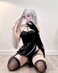 1girl black_bikini cosplay elf epppuni female female_solo frieren long_hair panties selfie solo sousou_no frieren thighs ubel white_hair