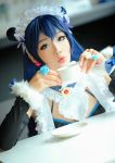 asian blue_hair breasts cosplay eyeshadow female long_hair maid makeup solo