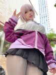 1girl asian ayunochan big_breasts black_skirt breasts cosplay female female_solo from_below gridman_universe japanese miniskirt pantyhose purple_hair shinjou_akane short_hair skirt solo ssss.gridman white_hair