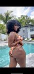 1girl bikini black black_female black_hair breasts clothed clothed_female curves dark-skinned_female dark_skin female female_focus female_only female_solo huge_breasts looking_at_viewer looking_back medium_hair partially_clothed pool princesss_frenxh solo solo_female solo_focus