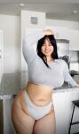 1girl asian asian_female big_breasts black_hair crop_top female fully_clothed high_waisted panties highleg_panties huge_hips huge_thighs indoors kitchen long_hair long_sleeves midriff navel no_pants smile solo thick_thighs wide_hips