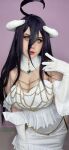 1girl albedo_(overlord) breasts cleavage cosplay horns large_breasts overlord_(maruyama) punkmacaroni purple_hair solo succubus yellow_eyes