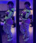 ass balls barefoot breasts collar dark_hair dat_ass fishnets glasses glow_in the dark nipples penis phone rayraysugarbutt selfie solo split_screen tan_skin transgender