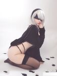 breasts cosplay female katyuska_moonfox large_breasts long_hair nier:_automata solo tattoo white_hair yorha_2b