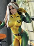 1girl absurdres belt bodysuit breasts brown_belt brown_hair cosplay cosplay_photo female_focus green_bodysuit highres huge_ass marvel marvel_rivals medium_breasts multicolored_bodysuit multicolored_hair nipples photo_(medium) photo_(object) real_life rogue_(x-men) rogue_(x-men) (cosplay) solo superhero_costume sweetie_fox two-tone_bodysuit two-tone_hair white_hair x-men yellow_bodysuit