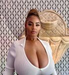 bedroom_eyes big_breasts breast_focus breasts brown_hair dark-skinned_female dark_skin earrings eyeshadow female female_focus female_only female_solo large_breasts lips nose_piercing nose_ring persephanii solo solo_female solo_focus upper_body white_clothes