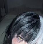 1girl black_hair blowjob cosplay female hololive implied_oral no_sound oral runny_makeup shiori_novella sucking_penis video virtual_youtuber vtuber webm white_hair yellow_eyes