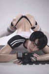 1boy ass ass_up black_hair crop_top femboy fingerless_gloves gay looking_at viewer male male_only non-nude shunsukecos simple_background solo solo_male sourced thighhighs thong