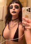 1girl 6ar6ie6 bathroom black_hair bra breasts cleavage eyes_closed eyeshadow female female_focus female_only female_solo goth lipstick long_hair makeup necklace phone selfie solo