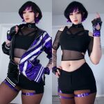 1girl black_hair black_shorts bodysuit clothed cosplay midriff reina_mishima short_hair shorts solo tattoo tekken