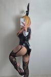 1girl ass blonde_hair bunny bunny_girl cosplay feet female female_solo from_behind kitagawa_marin latex legs leotard long_hair selfie solo sono_bisque doll wa koi wo suru stockings thighhighs vixxievie