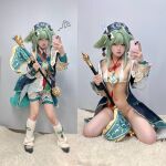 1girl asian cosplay green_hair honkai:_star rail honkai_(series) huohuo_(honkai: star rail) kneeling korean micro_bikini mongja selfie solo split_screen standing twitter