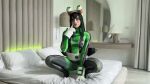 1boy 1girl animated asui_tsuyu asui_tsuyu (cosplay) asui_tsuyu (hero outfit) bed bed_sheet bedroom blowjob bodysuit boku_no hero academia breasts cosplay gif green_bodysuit hero_outfit (mha) highres indoors long_hair low-tied_long hair medium_breasts muscular muscular_male my_hero academia nipples nude penis pussy real_life russian russian_female sex sex_from behind superhero_costume sweetie_fox tongue tongue_out tsuyu_asui