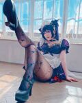 1girl asian cosplay female fishnets genshin_impact high_heels leg_up maid maid_uniform mona_(genshin_impact) pantyhose