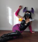 1girl boots breasts cosplay cottontailva demon_girl female large_breasts morrigan_aensland virtual_youtuber vtuber