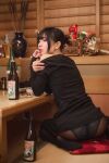 1girl asian asian_female black_hair breasts clothed clothed_female female female_focus female_only female_solo japanese japanese_(nationality) japanese_female looking_back medium_breasts medium_hair panties pantyhose ponytail sitting solo solo_female solo_focus