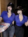 2girls black_hair black_lipstick clothed goth goth_girl looking_at viewer pizza pizza_delivery tight_clothes