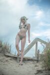 1girl beach bikini cosplay elf goblin_slayer! green_hair high_elf_archer_(goblin_slayer!) mangoloo outside pointy_ears sandals solo standing swimsuit