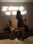 3girls assisted_exposure blonde_hair brown_hair dress dress_lift flashing gif high_heels panties party thong