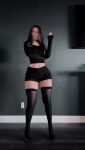 1girl clothed dancing female female_only glasses high_heels long_hair looking_at viewer midriff non-nude short_shorts solo sound stockings tagme thick_thighs thighhighs video video_with sound webm
