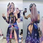 1girl asian ass citlali_(genshin impact) cosplay genshin_impact korean mongja pink_hair selfie solo split_screen standing twitter